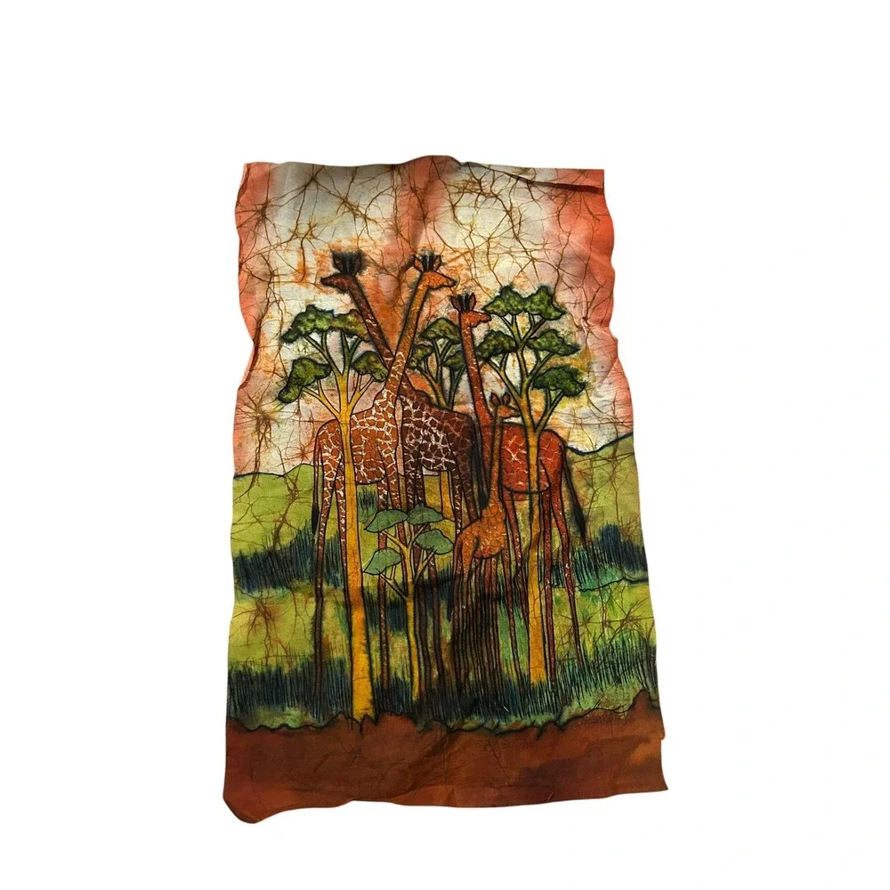 Vintage African Batik Fabric Wall Art –  Giraffe Landscape Textile Painting